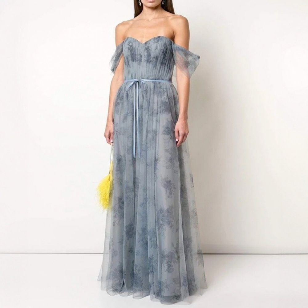 Marchesa Notte Blue Floral Tulle Gown